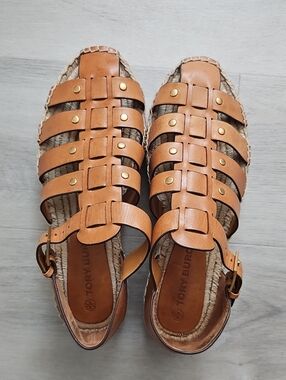 Tory Burch Cognac Leather Woven Gladiator Espadrille Sandals